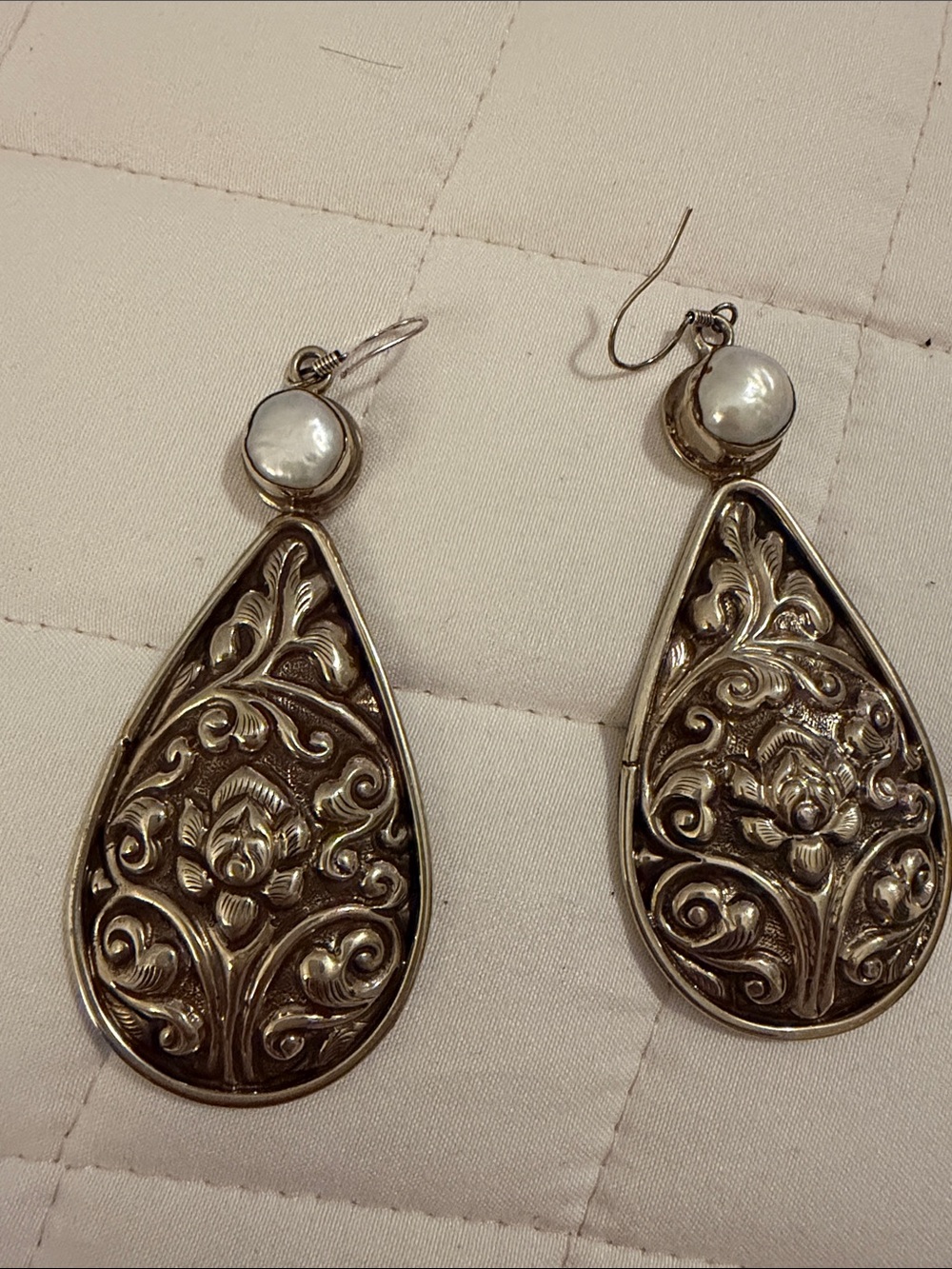 Silver-Tone Floral Teardrop Earrings with Pearl Accent